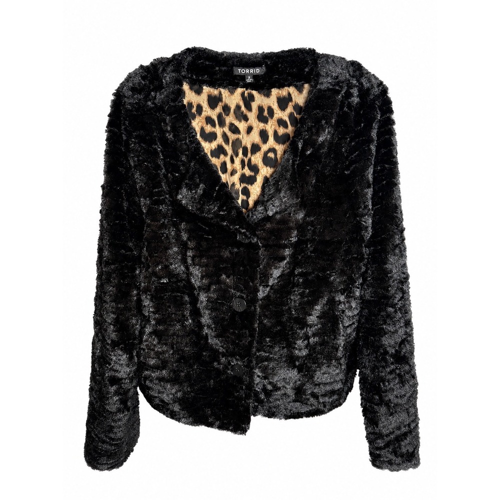 Torrid Faux Fur Jacket Women Size 2 Black Polyester Leopard Print Lining Glam